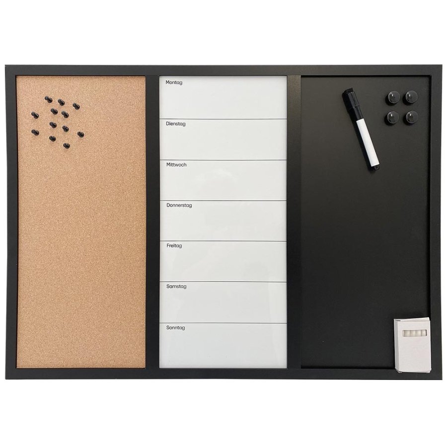 Whiteboard med ugeplan TYSK, kork og kridt tavle 70 x 50 cm, inkl. sort magnetisk tush, 4 x sorte 20 mm magneter, 12 sorte n&aring;le og 1 pakke kridt (5 stk.)