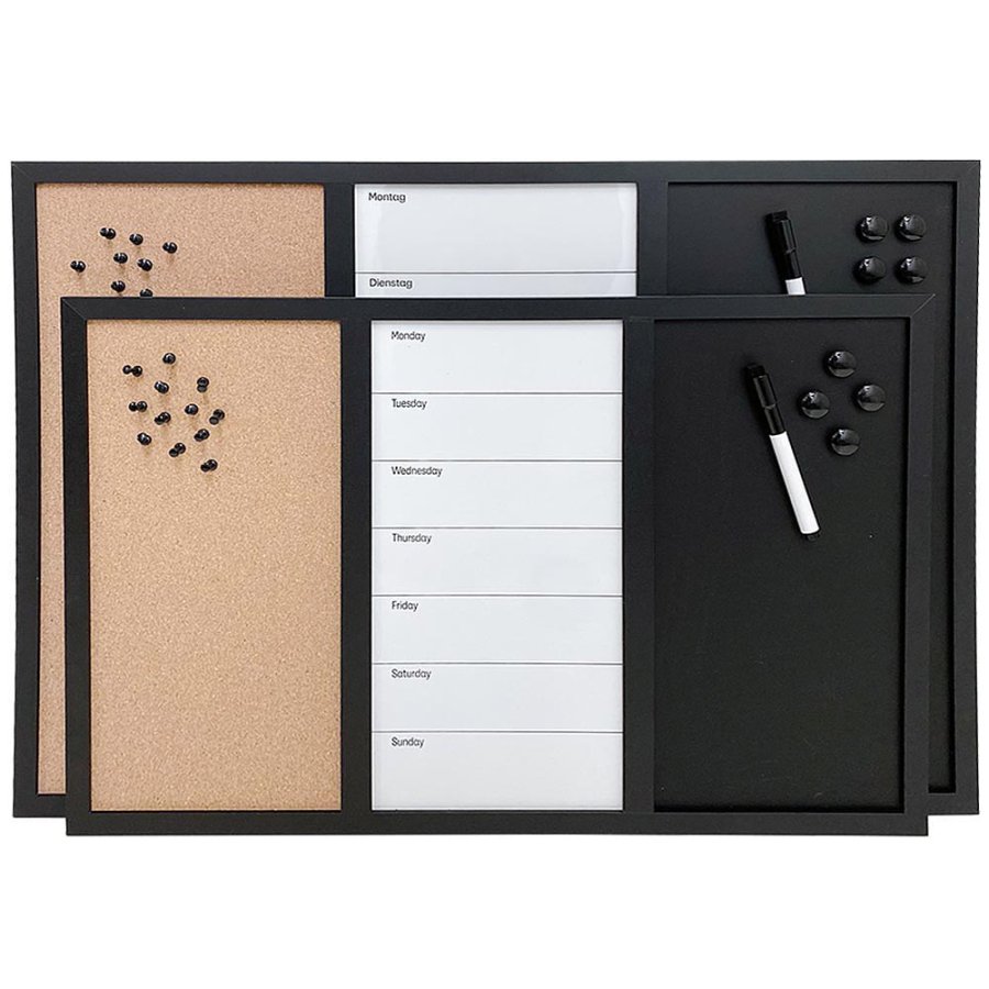 Whiteboard med ugeplan TYSK, kork og kridt tavle 70 x 50 cm, inkl. sort magnetisk tush, 4 x sorte 20 mm magneter, 12 sorte n&aring;le og 1 pakke kridt (5 stk.)