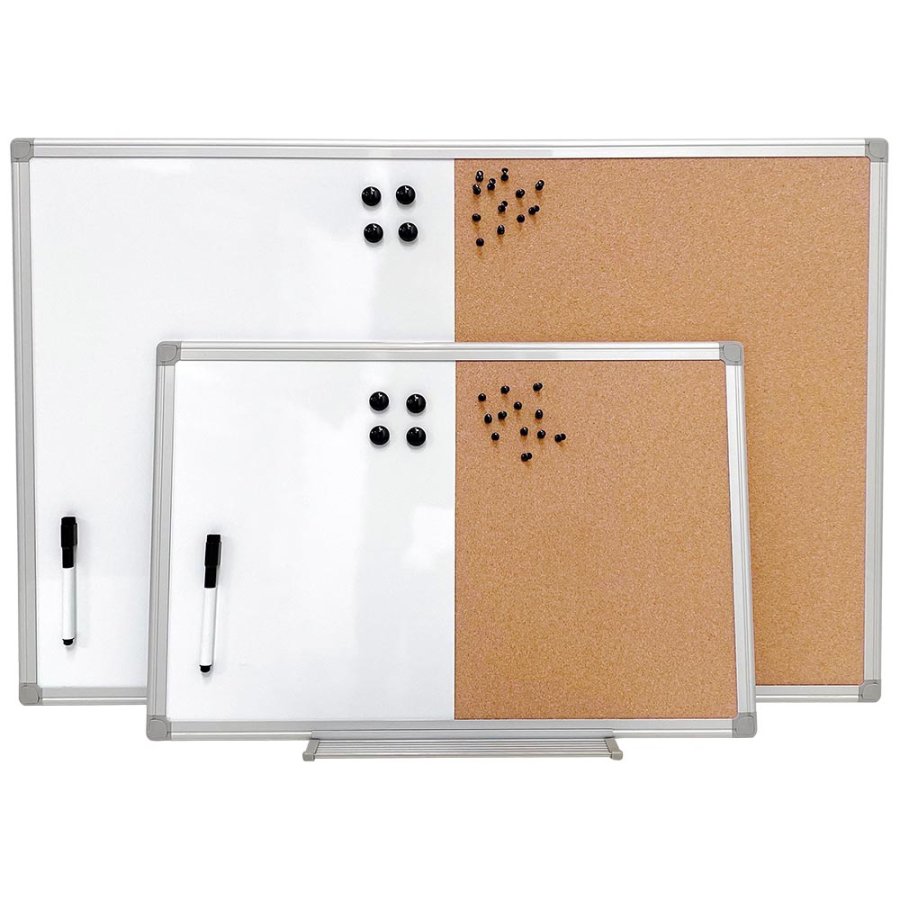 Whiteboard, kork- og kridt kombitavle med ugeplan, inkl. sort magnetisk tusch, magneter, n&aring;le og kridt, 90 x 60 cm
