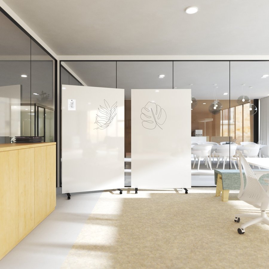 Chameleon Harmonica Workwall, Mobil Arbejdsv&aelig;g 3-rammer. V&aelig;lg mellem Whiteboard eller PET-lydabsorberende felt. BxH: 236x196,5cm inkl. hjul.