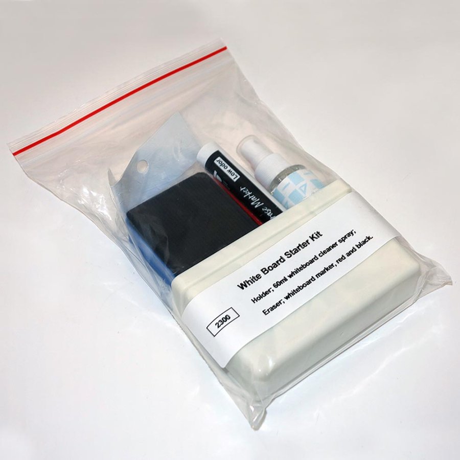 White Board Starter Kit, (indeholder Holder, r&oslash;d/sort white board marker, cleaner svamp og spray)