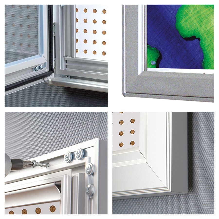 Kombi udh&aelig;ngsskab/infoboks med l&aring;s og st&aring;l/kork-bagplade, s&oslash;lv - 4xA4