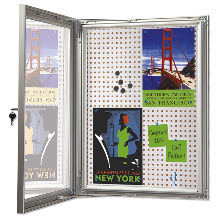 Kombi udh&aelig;ngsskab/infoboks med l&aring;s og st&aring;l/kork-bagplade, s&oslash;lv - 6xA4