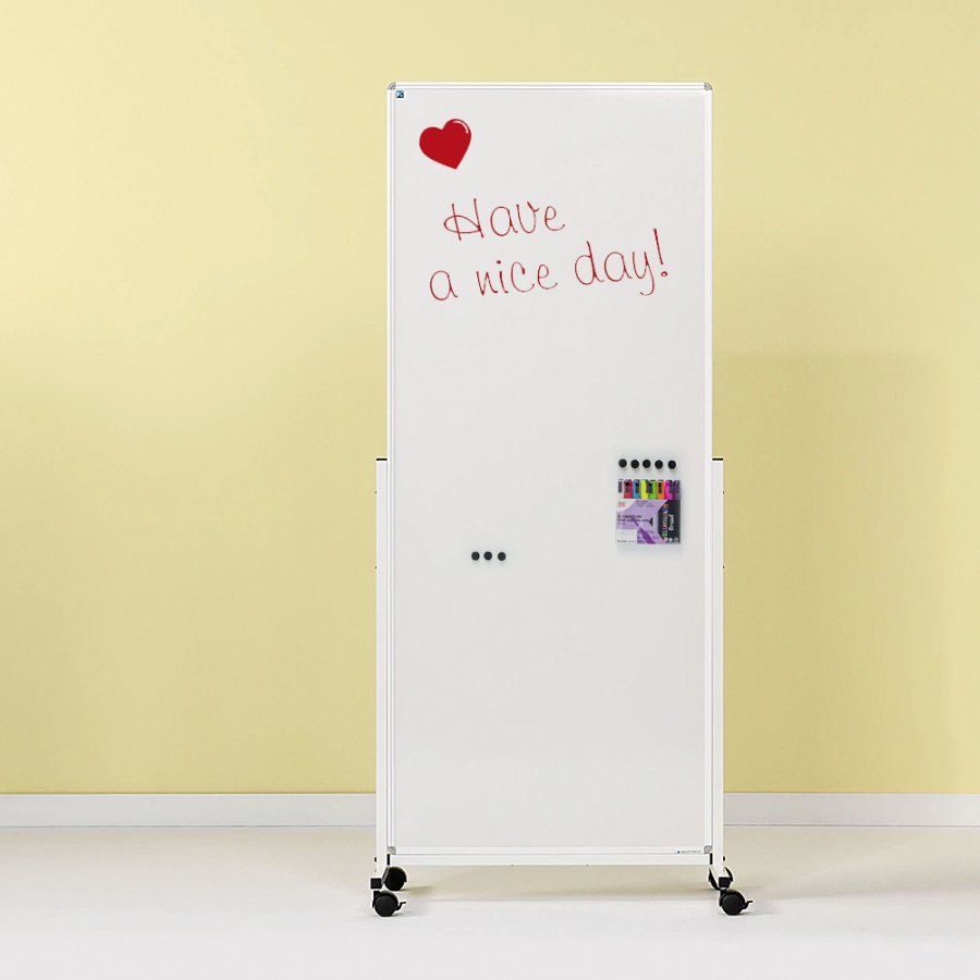 Whiteboard p&aring; hjul, Visual Mobile Whiteboard, magnetisk, dobbeltsidet keramisk overflade, 180x75 cm